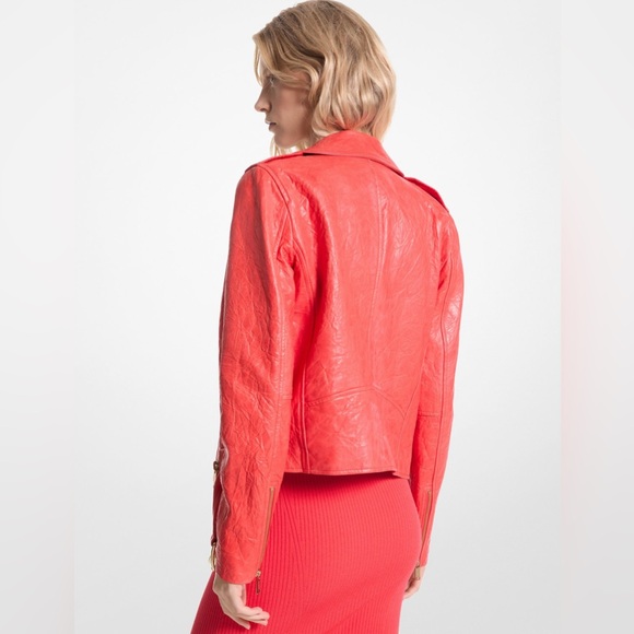 Michael Kors Crinkled Moto Leather Jacket-Coral w/Gold Hardware-Size M NWOT🌺 - Picture 2 of 4